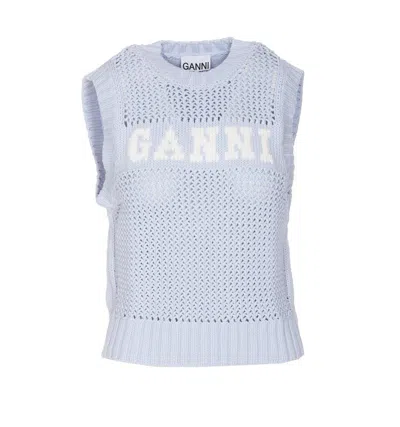 Ganni Intarsia-knit Logo-organic-cotton Vest In Light Blue