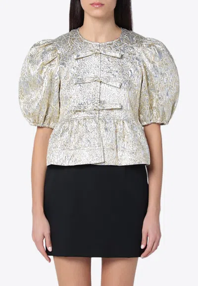 Ganni Jacquard Brocade Peplum Blouse In Gold