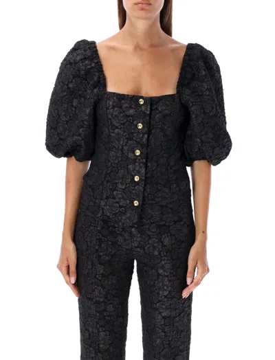 Ganni Jacquard Flowers Puff-sleeve Blouse In Black