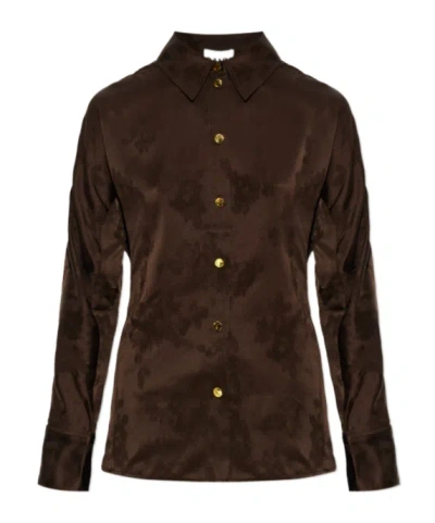 Ganni Collared Long-sleeved Shirt In Brown