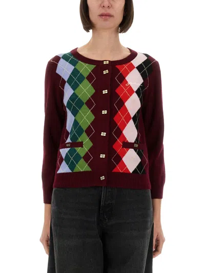 Ganni Burgundy Checked Cardigan In Cashmere Blend Women In Multi