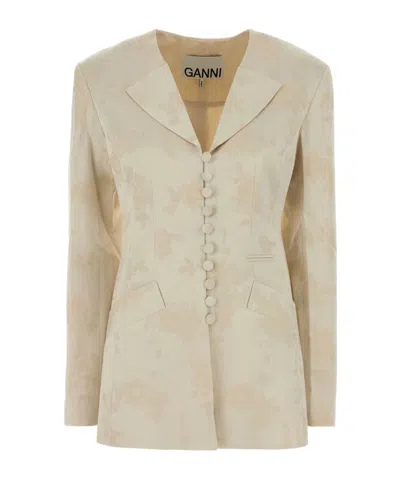 Ganni Jacquard Long Button Blazer In Neutral