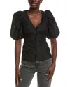 Ganni Jacquard Organza Gathered V-neck Blouse In Black