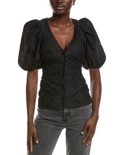 Ganni Jacquard Organza Gathered V-neck Blouse In Black