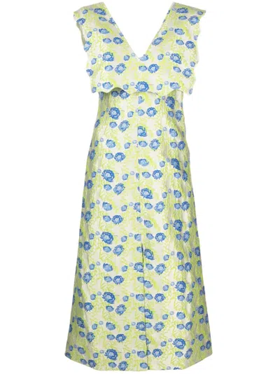 Ganni Jacquard-pattern V-neck Dress In Green