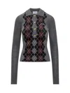 Ganni Grey Sweater With Classic Collar And Check Motif On The Front In Gray