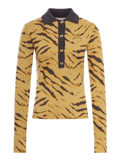 Ganni Jacquard Polo Shirt In Merino Wool In Multi