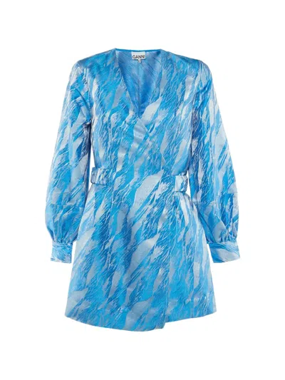 Pre-owned Ganni Jacquard Puffed-sleeve Mini Dress In Blue