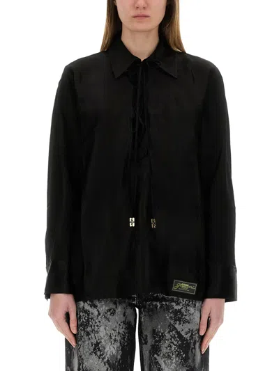 Ganni Black Satin Jacquard Tie String Shirt In 099 Black