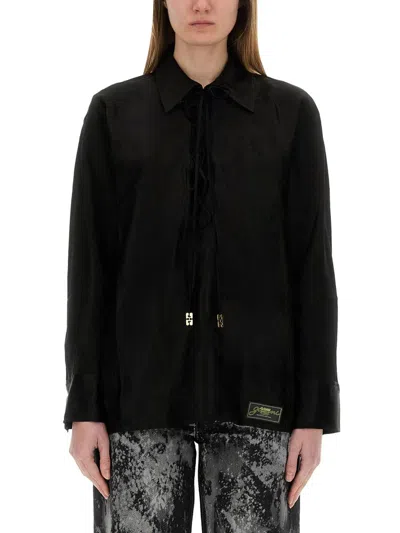 Ganni Black Satin Jacquard Tie String Shirt In 099 Black