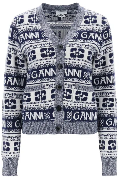 Ganni Jacquard Wool Cardigan With Logo Pattern For Women In Blue