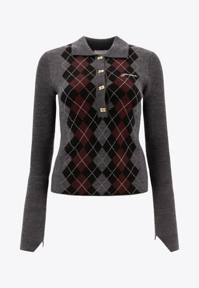 Ganni Jacquard Wool Polo Sweater In Gray
