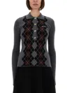 Ganni Grey Sweater With Classic Collar And Check Motif On The Front In Wool Woman In Gray