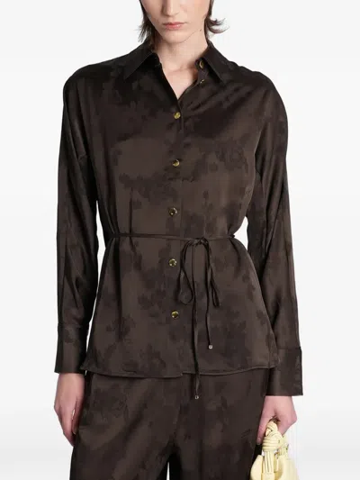 Ganni Jacquard-pattern Belted Shirt In Burgundy