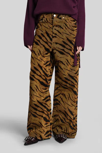 Ganni Zebra-print Cotton-blend Velveteen Wide-leg Pants In Brown