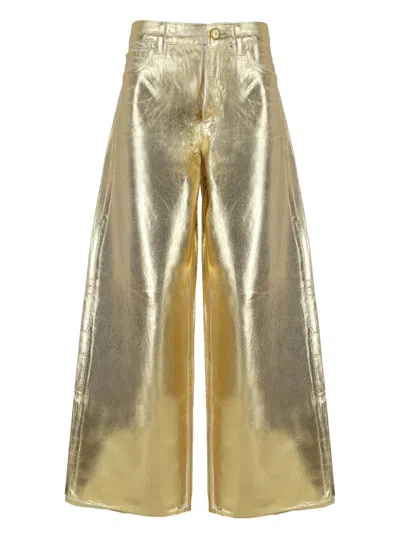 Ganni Women Gold Five Pockets Wide Jeans In Laminated Fabric Woman