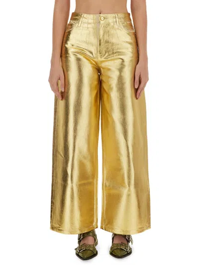Ganni Women Gold Five Pockets Wide Jeans In Laminated Fabric Woman