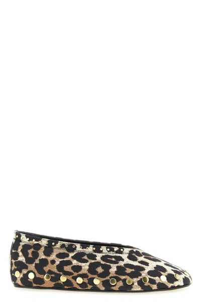 Ganni Jenny Ballerina Flats Gold Studs Leopard In Animal Print