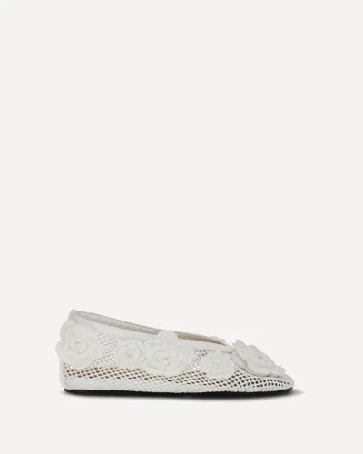 Ganni Jenny Flower-embellished Mesh Ballet Flats In White