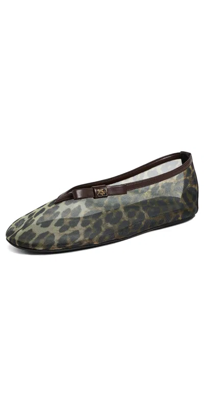 Ganni Jenny Printed Mesh Bow Ballerina Flats Almond Milk In Multi