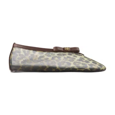 Ganni Jenny Printed Mesh Bow Ballerinas In Gray