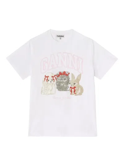 Ganni Graphic Print Crew Neck Short Sleeve Top In White