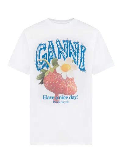 Ganni Womens Bright White Jersey Strawberry Printed Round-neck Cotton-jersey T-shirt In Multi