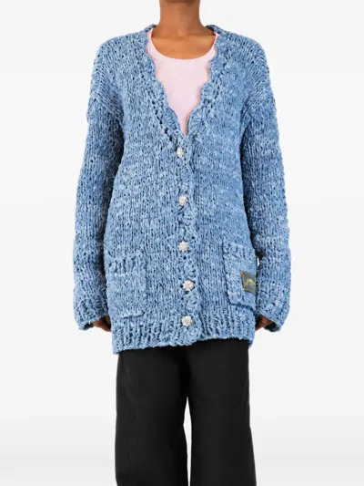 Pre-owned Ganni Jewelled-button Hand-knit Cardigan In Blue