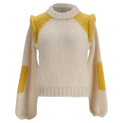 Ganni Julliard Knitted Color-block Sweater In Cream And Yellow Mohair Wool In White