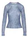 Ganni Marl Mesh Long Sleeve Crew Neck Blouse In Denim In Dark Wash