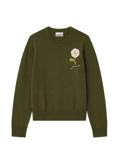 Ganni Jumper With Crochet Flower In Green