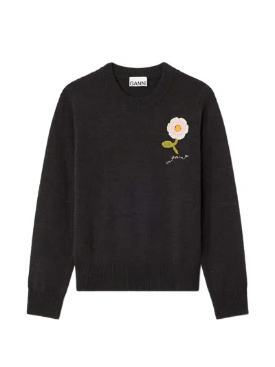 Ganni Jumper With Crochet Flower In Black