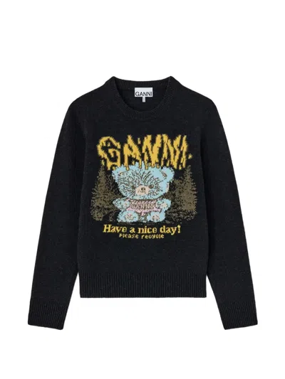 Ganni Teddy Crew Neck Sweater Graphic Design In Brown