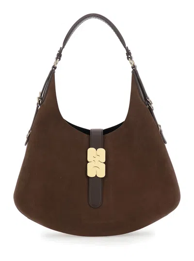 Ganni Kat Brown Large Shoulder Bag With Butterfly Plaque On The Front And Adjustable Shoulder Strap In Sue In Black