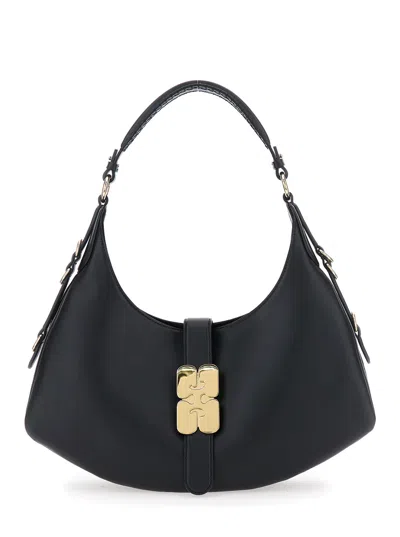 Ganni Kat Small Black Shoulder Bag With Adjustable Handle And Logo Plaque On The Front In Leather Woman