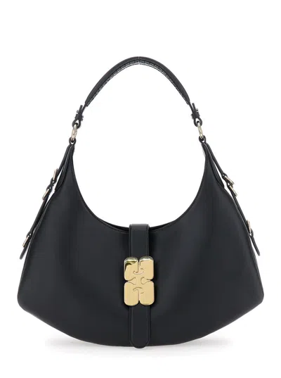 GANNI 'KAT SMALL' BLACK SHOULDER BAG WITH ADJUSTABLE HANDLE AND LOGO PLAQUE ON THE FRONT IN LEATHER WOMAN