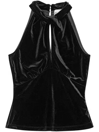 Ganni Cutout Halterneck Velvet Top In Black