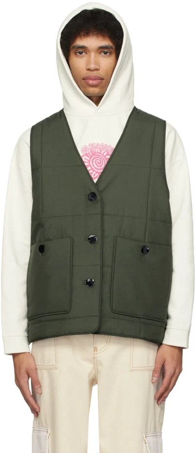 Ganni Khaki Boxy Waistcoat In Kombu Green