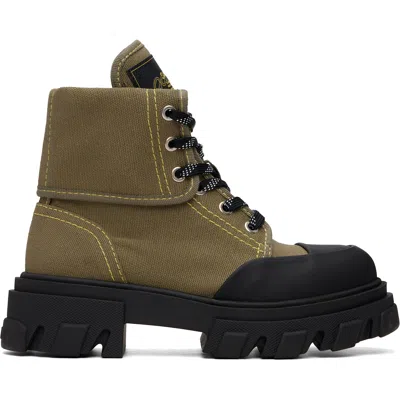 Ganni Khaki Canvas Trail Boots In Green