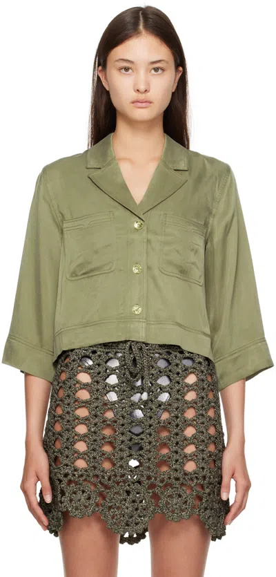 Ganni Cropped Satin Shirt In 808 Aloe