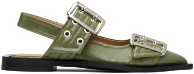 GANNI KHAKI FEMININE BUCKLE BALLERINA FLATS