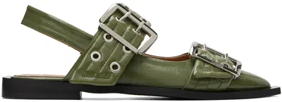 GANNI KHAKI FEMININE BUCKLE BALLERINA FLATS