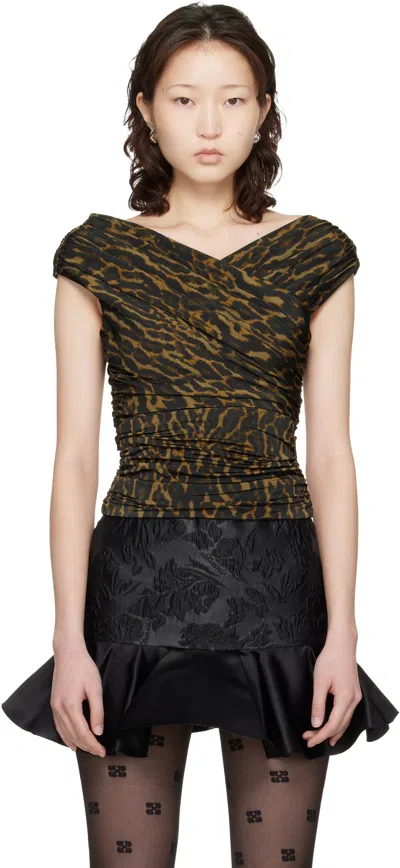 Ganni カーキ プリント Shiny ジャージ ノースリーブ ルーシュ トップス In Animal Print