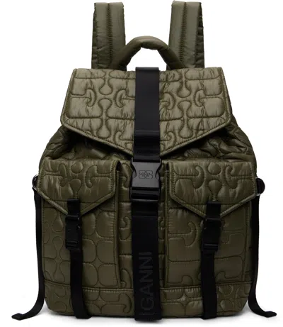 Ganni Khaki Quilted Re-tech Backpack In Brown