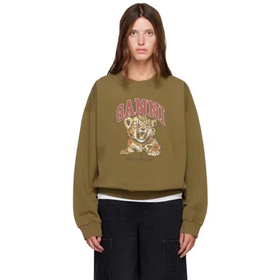 Ganni Khaki Tiger Crewneck Sweatshirt In Green