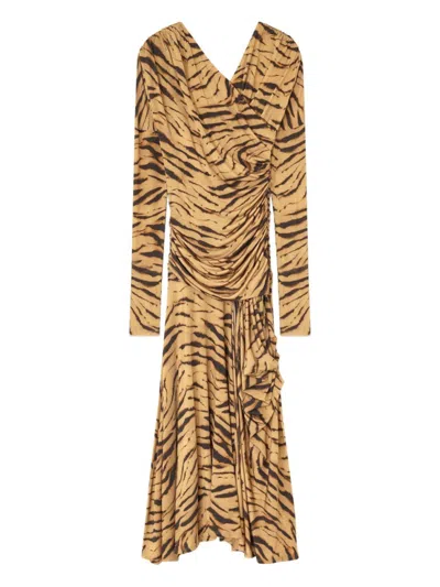 GANNI KHAKI TIGER PRINT RUCHED DRESS