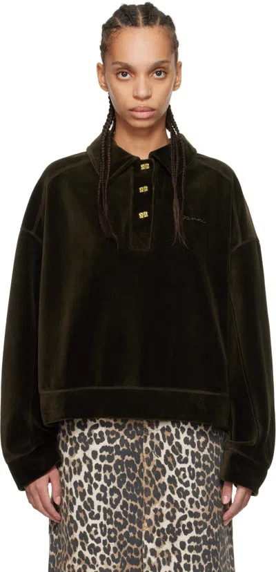 Ganni Khaki Velour Drop Shoulder Long Sleeve Polo In 861 Kalamata