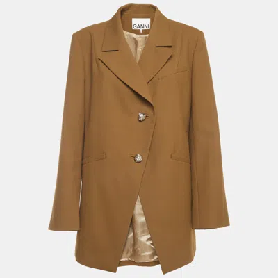 Pre-owned Ganni Khaki Viscose Blend Asymmetric Single Breasted Blazer Xl In Brown