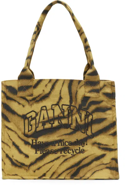 Ganni Shopper Xxl Embroidered Zebra-print Cotton-canvas Tote In Yellow