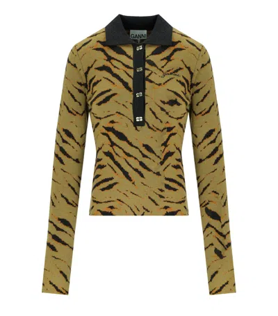 GANNI KHAKI ZEBRA PRINT POLO PULLOVER